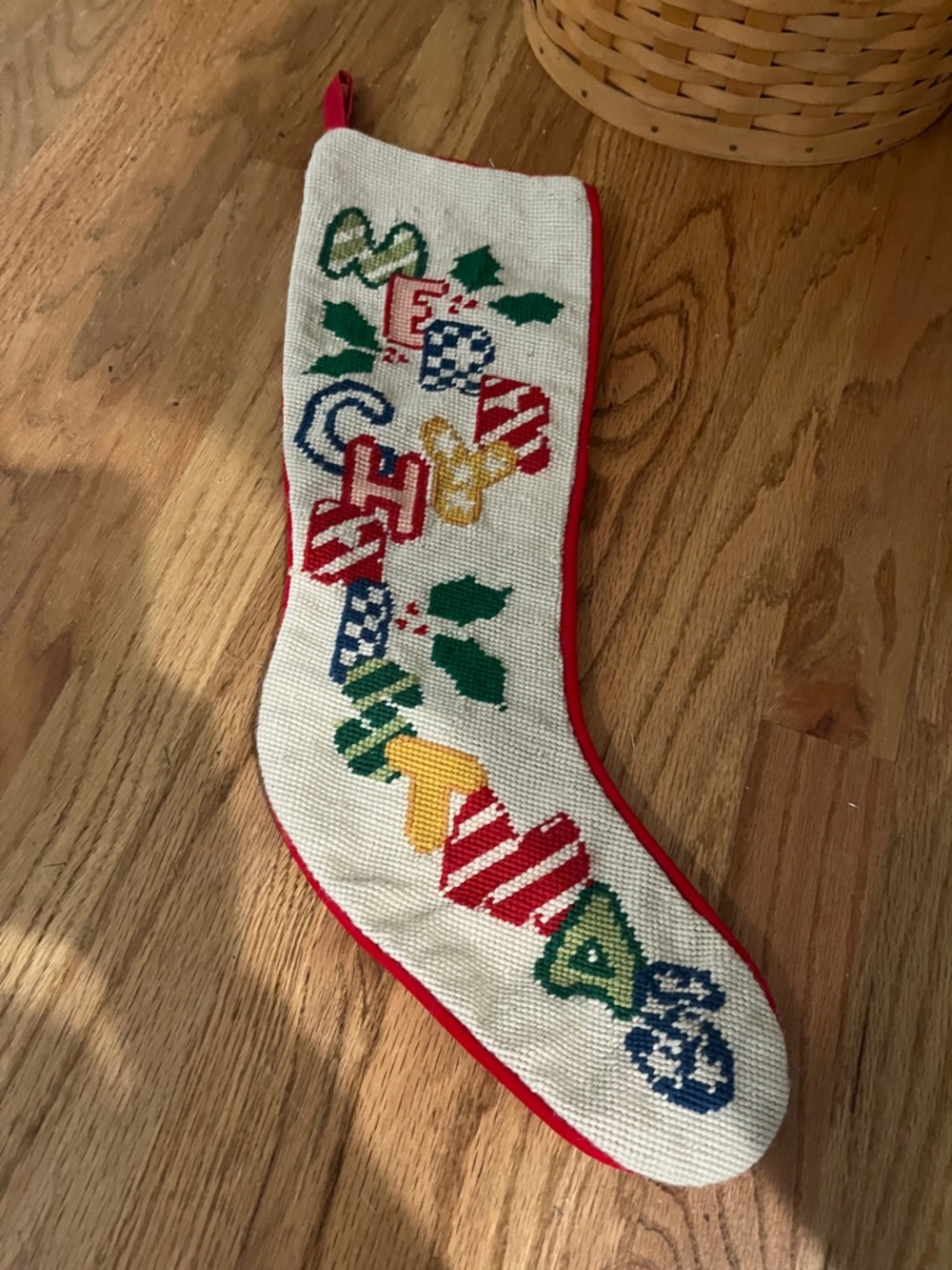 Embroidered Christmas Stocking with Colorful Holiday Motifs